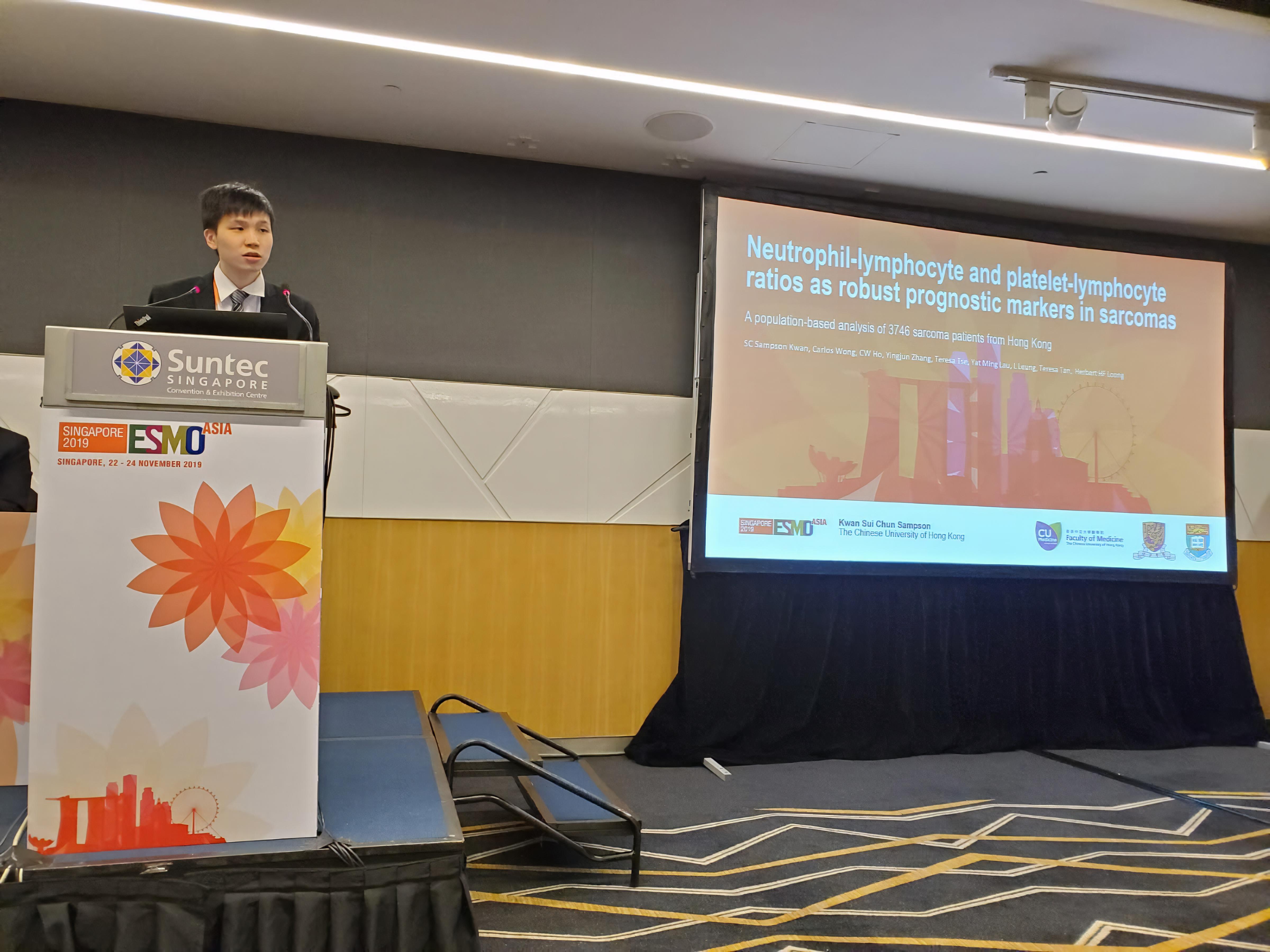 Sampson presents his abstract of an oncology study at the Medical Oncology (ESMO) Asia Congress 2019.